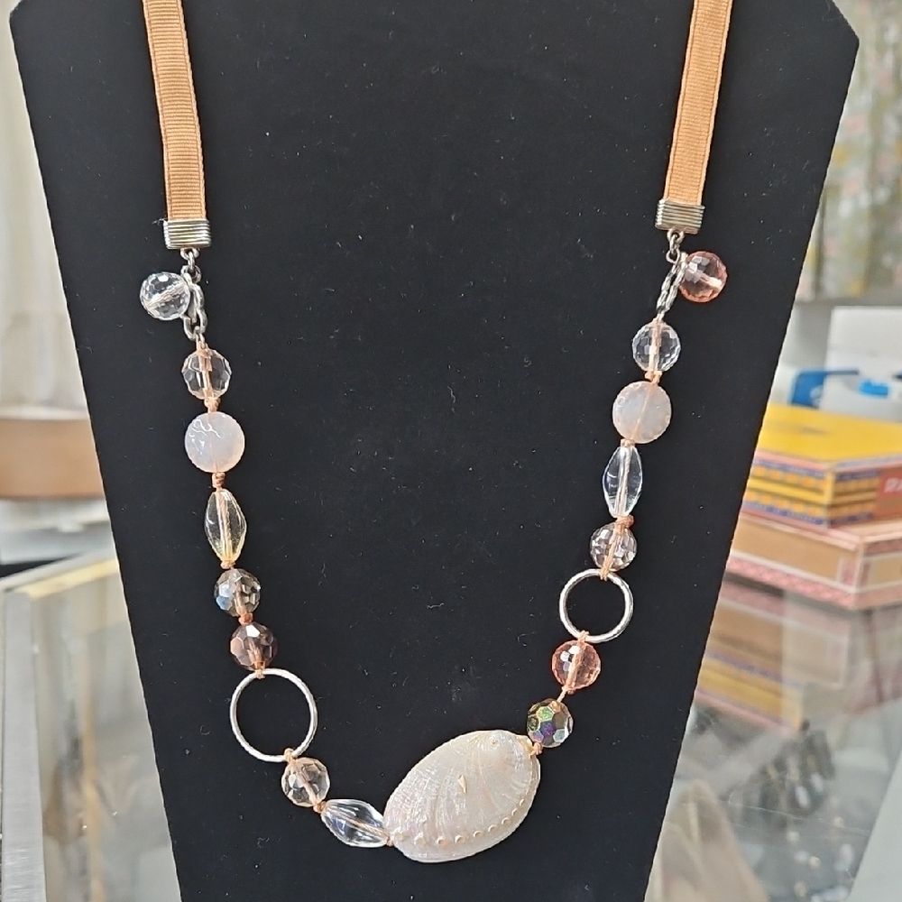Cookie Lee Shell Pendant Necklace with Clear and Brown Beads